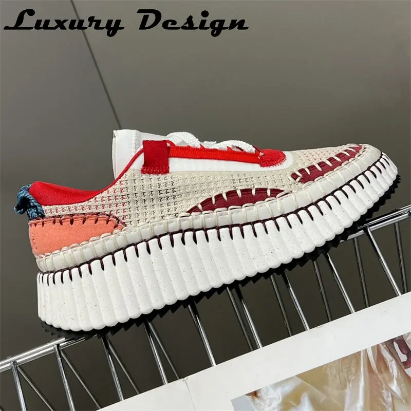 New Hand Stitched Designer Women Sports Shoes Luxury High Quality Casual Shoes Platform Mixed Colors Knitted Fashion Sneakers