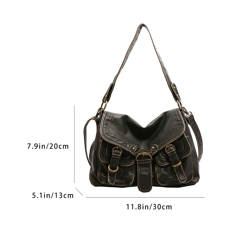 Exquisite New Vintage Women Shoulder Bag Versatile Washed Soft Leather Large Capacity Letter Flip Multi-pocket Messenger Handbag