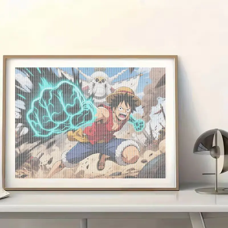 Kit di pittura diamante 1PC 5D fai da te, One Piece Monkey D. Luffy Pugno elettrificato Azione dinamica Trapano completo Diamante rotondo Arte, Anime M