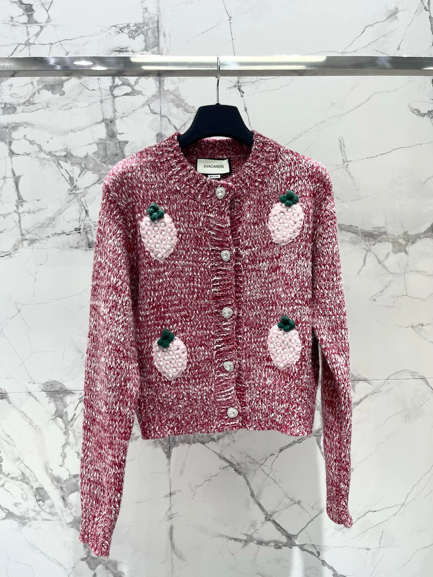 EVACANDIS High Quality Women New Wool Strawberries Pearl Knitted Cardigan Tops O-Neck Single Breasted Long Sleeve Sweet Sweater