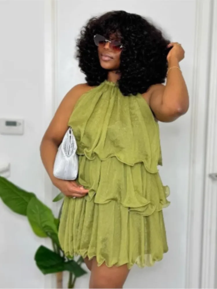 

Women's Solid Color Halter Dresses Sleeveless Ruffled Layered Tank Top Robe Beach Vacation Party Daily Casual Commuting Vestidos