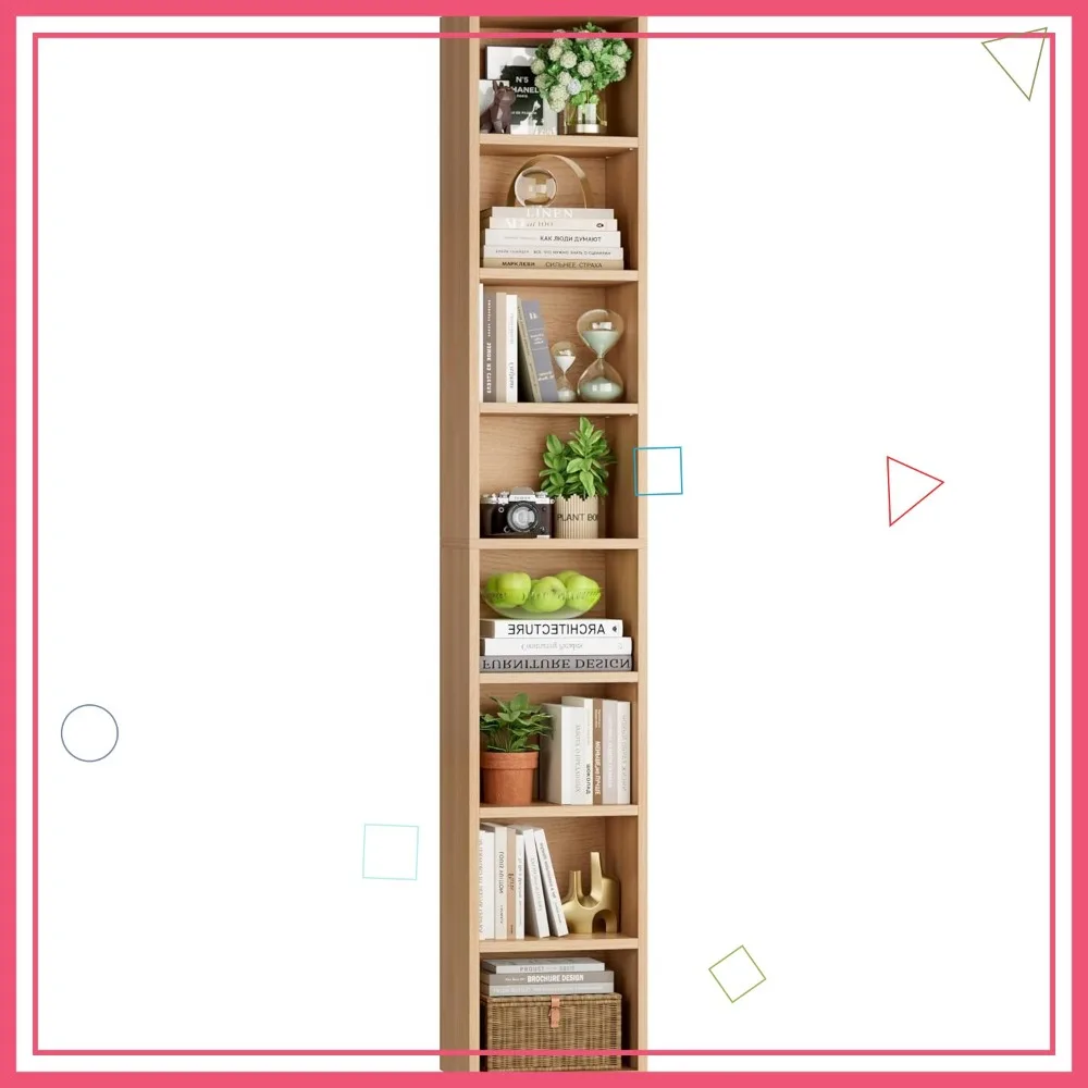 8-Tier Media Tower Rack, Adjustable Shelves for CD DVD Storage, Tall Narrow Bookcase for Home Office, Natural Finish