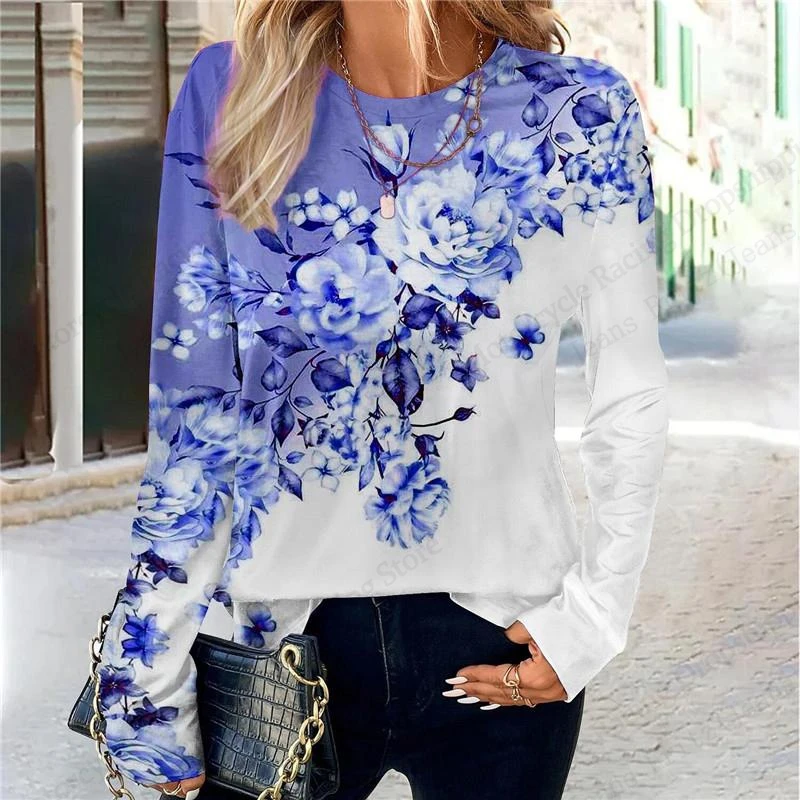 Novità Vari Stile Floreale 3d Stampa T-shirt Donna Moda Casual Oversize Manica Lunga Maglietta Donna Top Tees Autunno Inverno