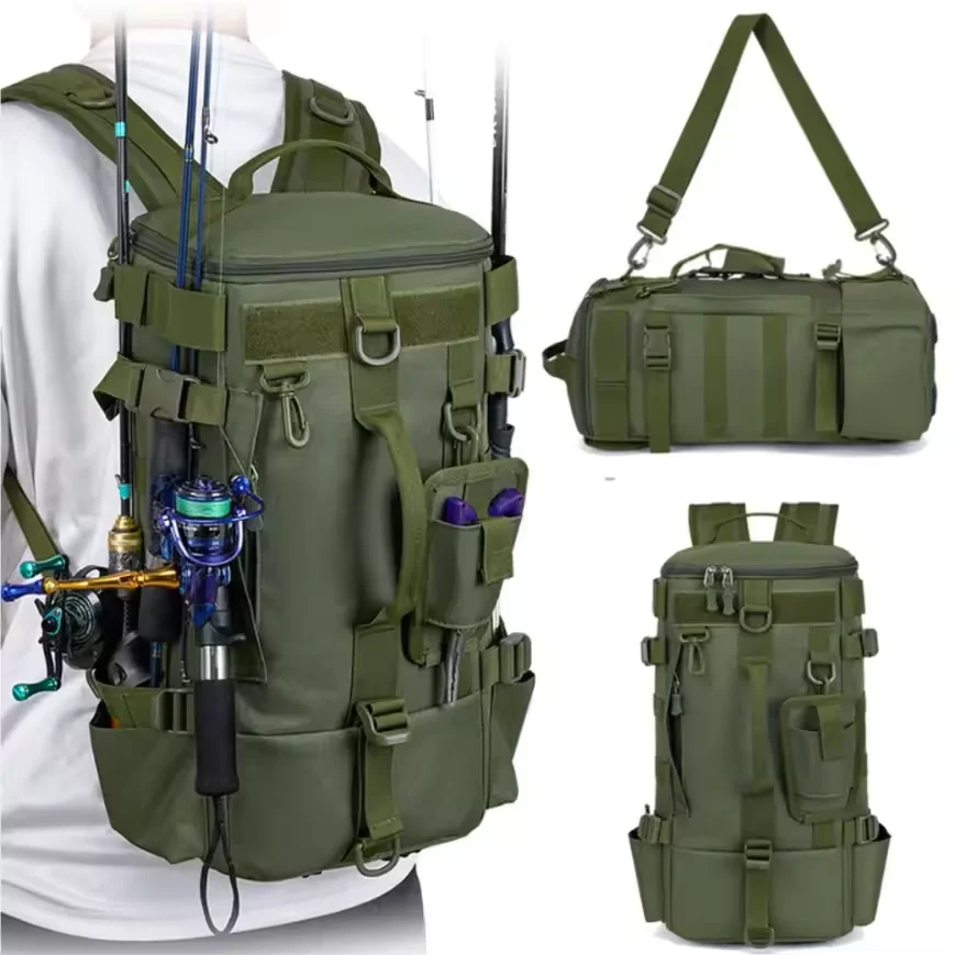 Tactical Fishing Backpack with Rod Holders, Military Nylon Tackle Bag, Multifunctional Camping Hiking Daypack, Shoulder Bag