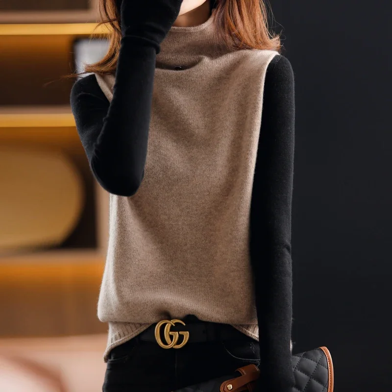 Autumn And Winter New Wool Knitted Vest Women's Turtleneck Loose Casual All-Match Pure Wool Sleeveless Vest Pullover Sweater