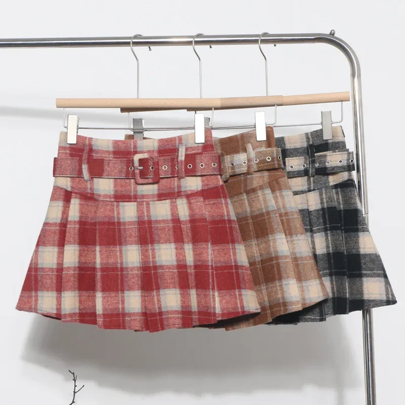 Plaid Wool Pleated Skirt High Waist Anti-glare Small A- Shaped Skirt with Belt ~ Fashion Short