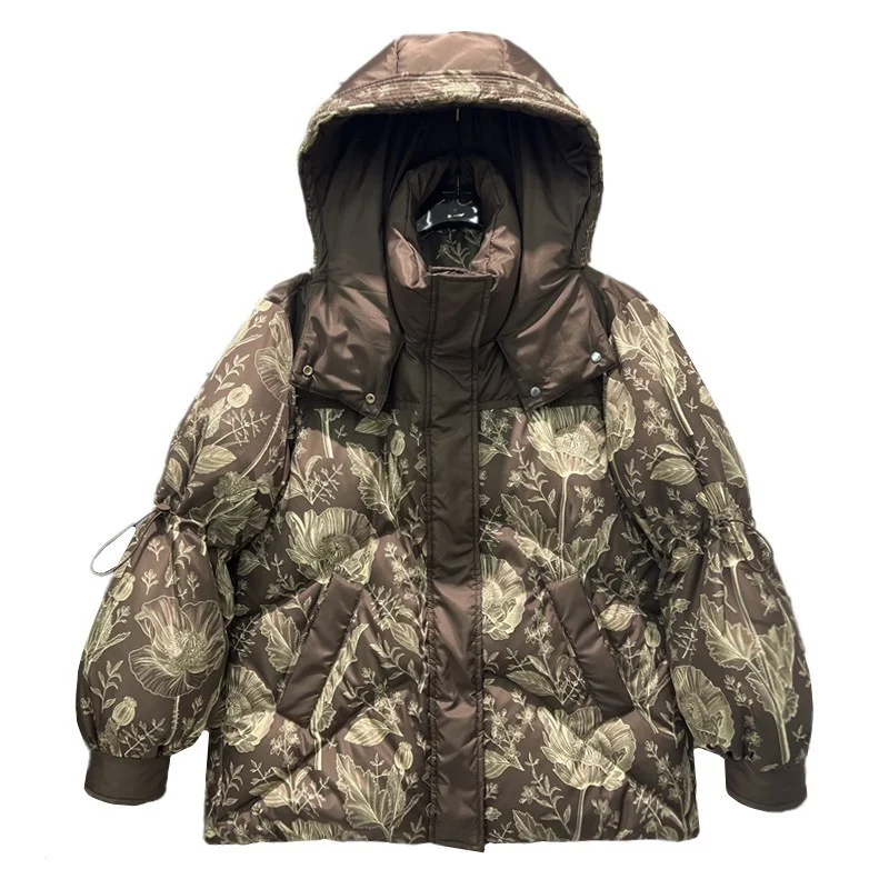 

2026 New Winter and Autumn Women White Duck Down Hoodies Puffer Jackets Coats Warm Windproof Coffee Colored Print Coats
