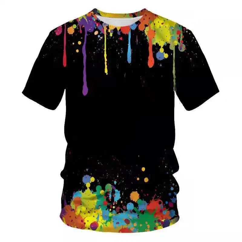 

Men's 3D color splash printed T-shirt, European and American city fashion T-shirt, large trendy round neck T-shirt