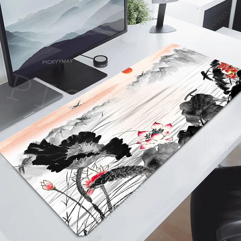 

Locking Edge Mouse Mats Large Mouse Pad Chinese Lotus Ink Painting Rubber Mousepads Gamer Mousepad Desk Pads Keyboard Mat 90x40