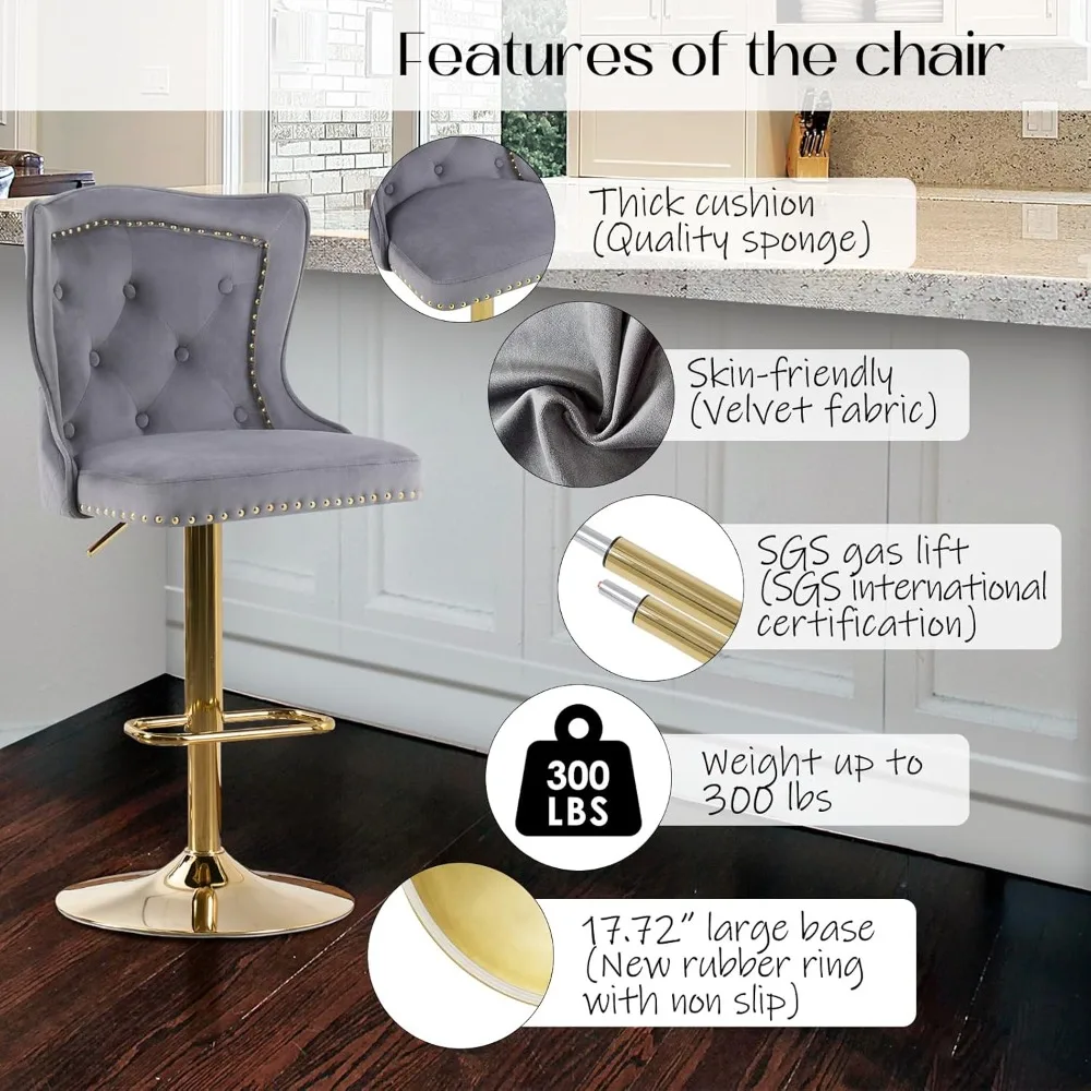 Set di 2 sgabelli da bar girevoli dorati, sgabelli da bar in velluto, sedia da bar moderna imbottita con schienale alto