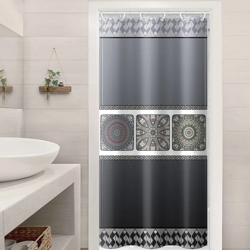 1pc of dark gray retro patterned curtain, waterproof plastic shower hooks, decorated with Mandala totem printe