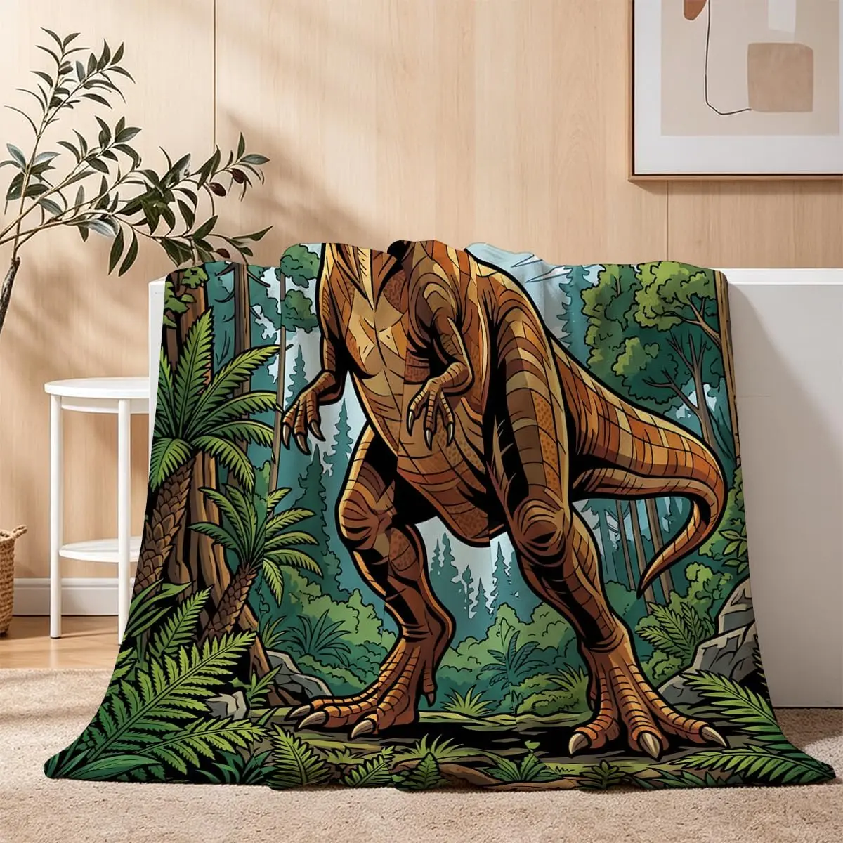 Cartoon Tyrannosaurus Rex Jungle Forest Print Flannel Throw Blanket Soft Warm For Sofa Bedroom Kids Dinosaur Home Decor Gift