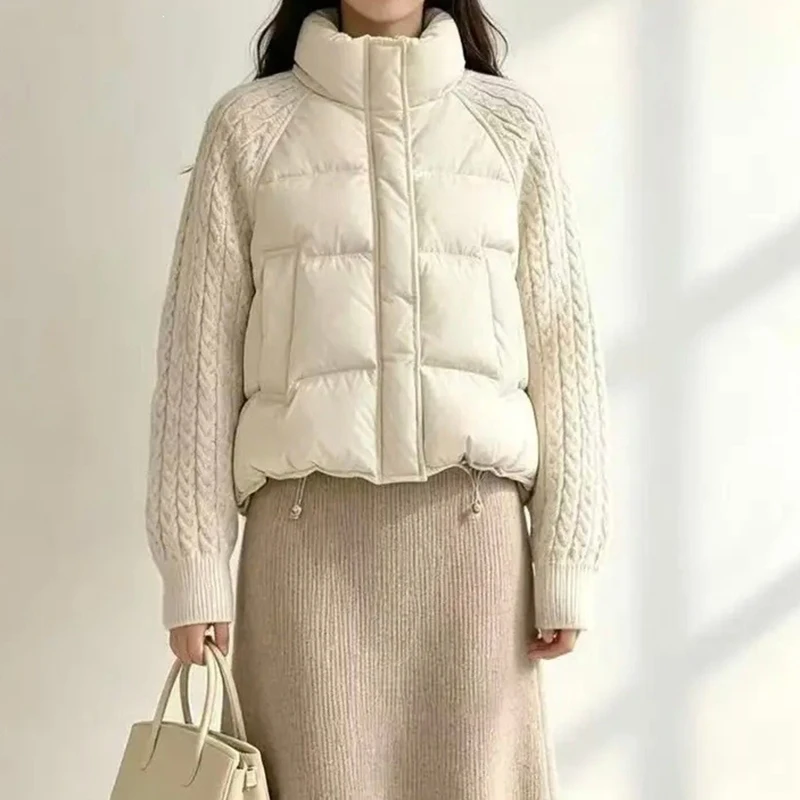 KUCLUT 2026 Winter New Fashion Knitted Patchwork Sleeve Short Cotton Jacket For Women Stand Collar Loose Short Coat 1A4295