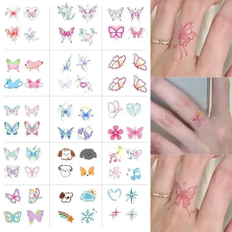 Mini papillon fleur dessin animé chiens tatouages temporaires mignons imperméable longue durée autocollants de tatouage Multi Styles décalcomanies colorées