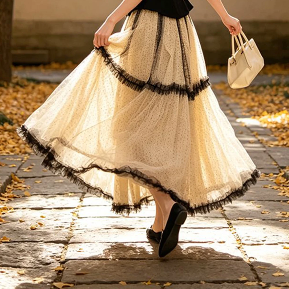 Elegant temperament suit neck vest top women's autumn dating flocked polka dot lace skirts for women