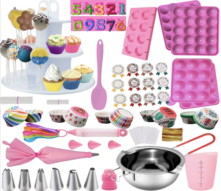 Cake Pop Maker Kit  Silicone Lollipop Mold Set, Baking Supplies with 3 Tier Cake Stand, Chocolate Candy Melting Pot