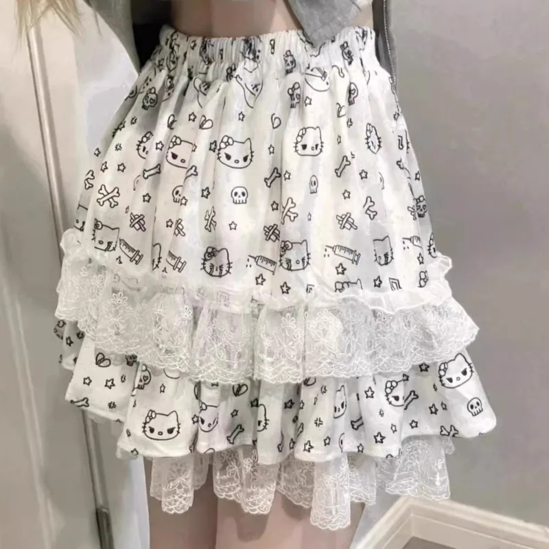 Y2k Sanrio Hello Kitty Short Skirt Women Girls Fashion Print Lace Half Skirt Cute Cartoon Subcultural Fluffy Cake A-line Skirt