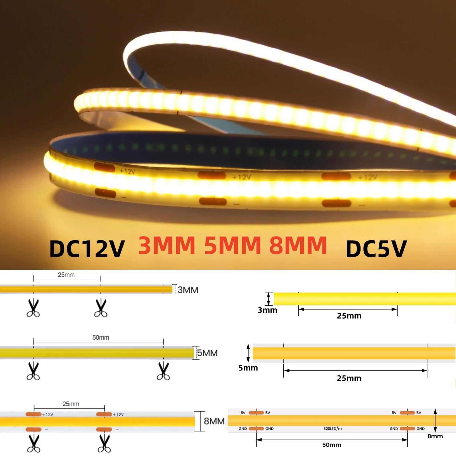 5V 12V 24V COB LED Strips 3MM 5MM 8MM 320LEDs/M FOB Dimmable Tape Adhesive Lamp RA90 Linear Lighting 3000K 4000K 6000K White