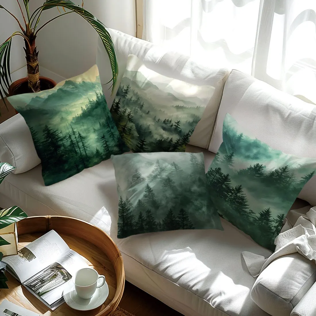 4-piece Misty Forest Landscape Green Single-Sided Print Pillow Covers - Peach Skin Fabric, Insert Not Included
