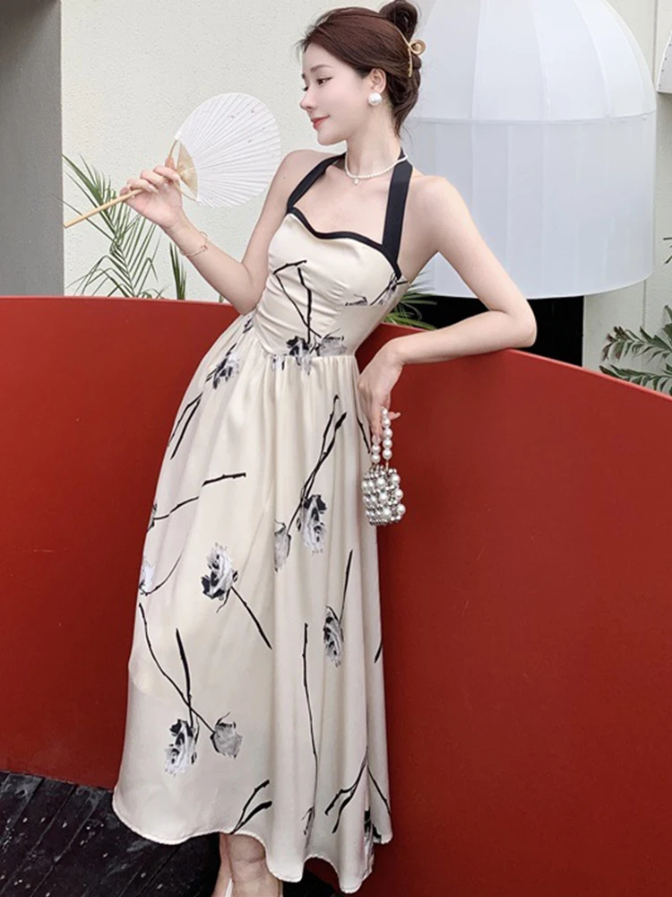 

New Korean Elegant Women Evening Dress Vintage Floral Sexy Halter Backless Midi Party Club Prom Robe Femme Mujer Vestidos Fiesta