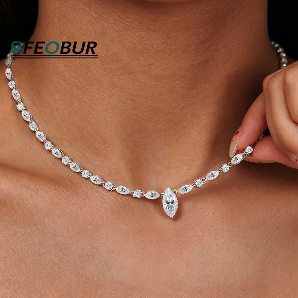 4CT Marquise Cut Moissanite Tennis Necklace for Women Choker Lab Diamond Pendant Necklaces Sterling Silver 925 Wedding Jewelry
