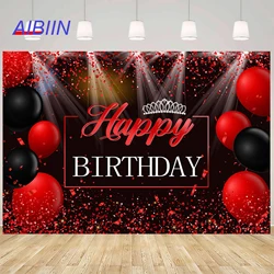 Happy Birthday Photography Background Red Black Balloons Silver Crown Backdrop Party Decoration Girls Portrait Photo Studio