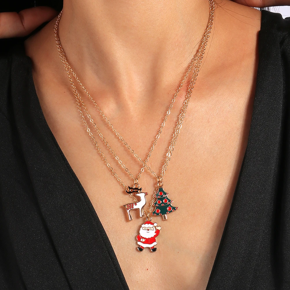 Aihua 3pcs4pcs Weihnachten Halsketten Emaille Weihnachtsbaum Glocke Santa Schneeflocke Halskette Anhänger für Frauen Geschenke Trendy Schmuck Set – Detail 2