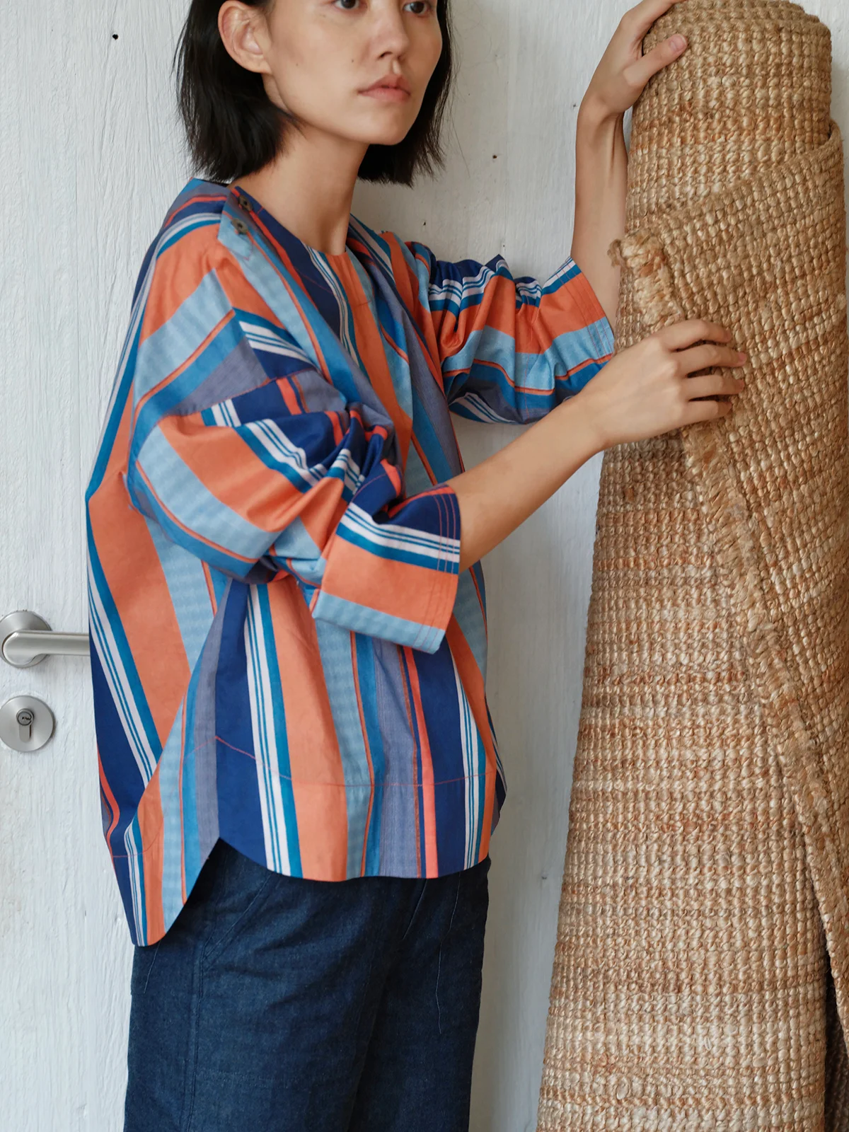 

Women's Loose Fit Cotton irt Early Autumn Stripe Print High Quali Cotton Comfortable Breathable V Ne Svel Top