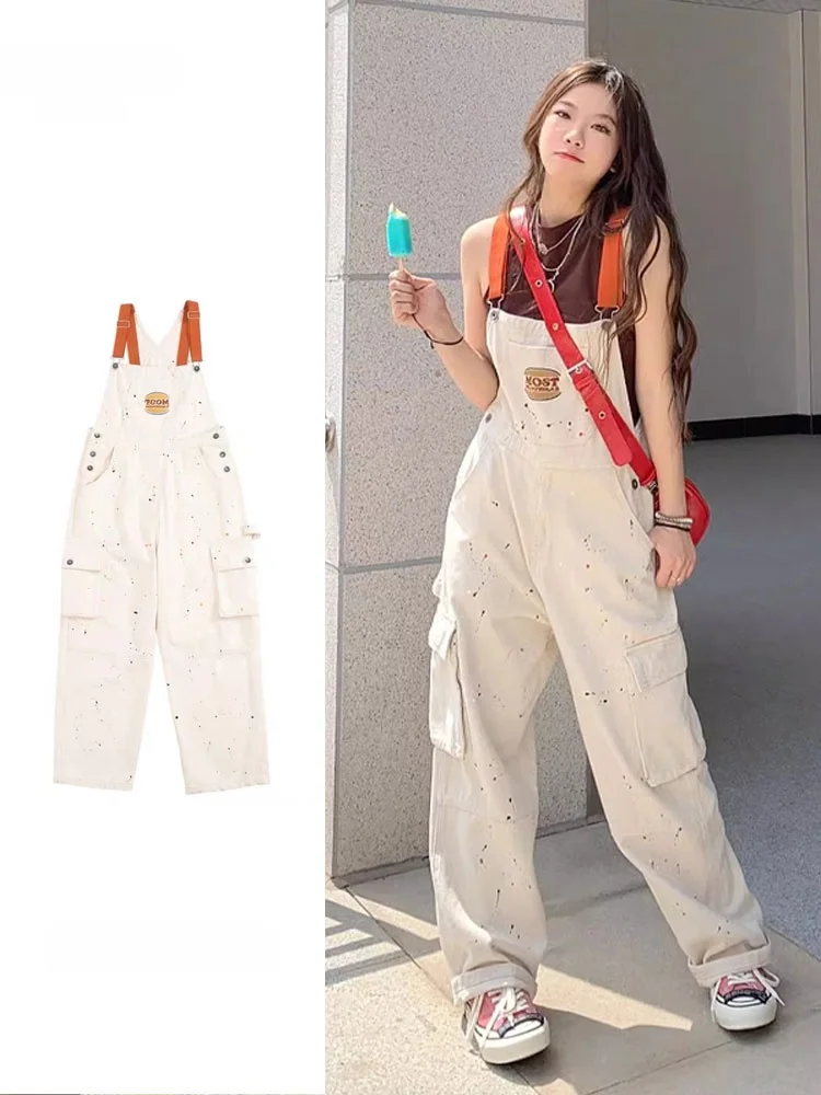 

Loose Wide Leg Denim Overalls Women's Summer New American Splatter Paint Style High Waist Long Pants with Buckle for Ladies