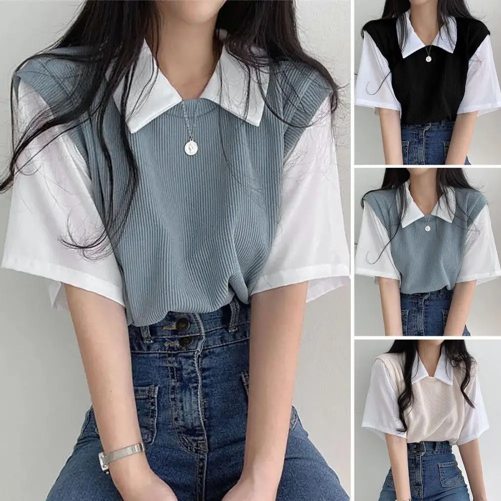 Summer Academy Style Color Blocking Collar Top Fake Two piece Short Sleeve T shirt Women Lazy Loose Casual Versatile Blouse