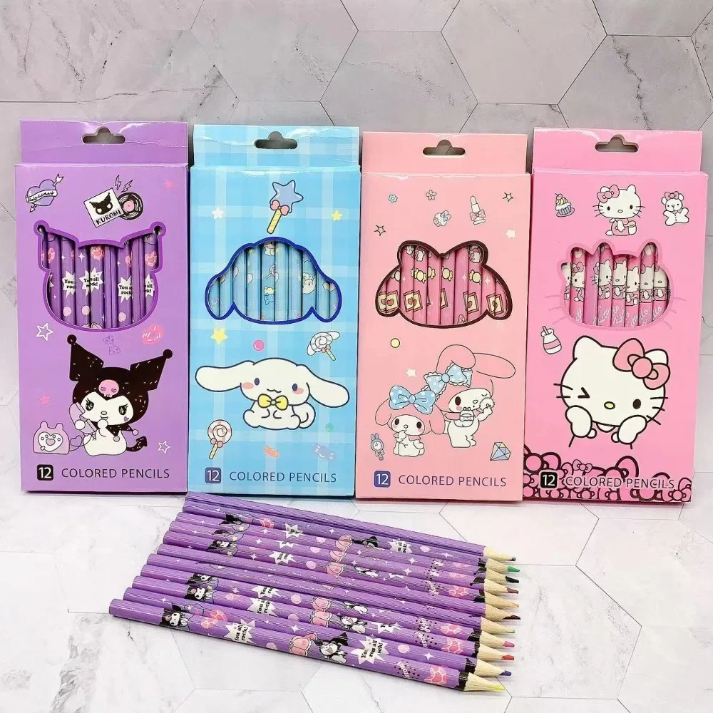 12Pcs Cartoon Kuromi Wood Colored Pencil Kawaii Anime Cartoon Hand Drawing Pencils for School Office Artist Painting Fine Arts