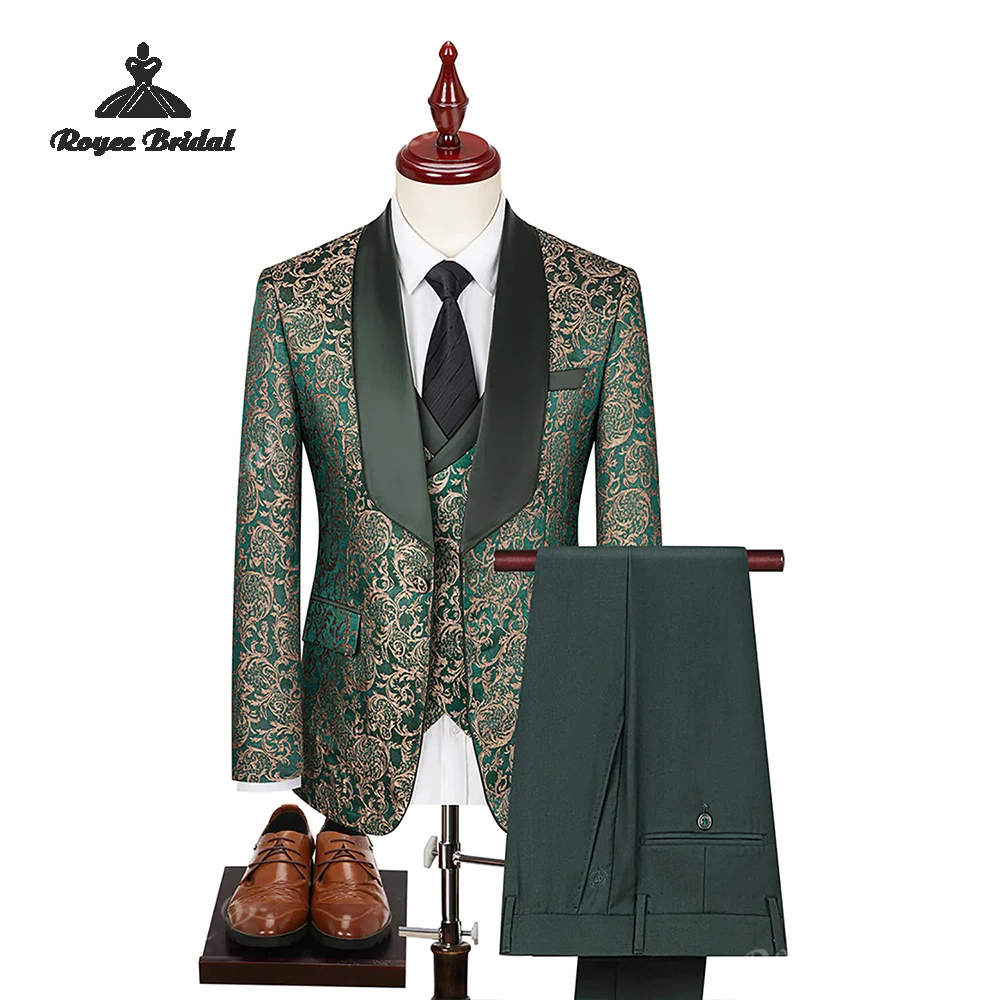 Ciemnozielony żakardowy trzyczęściowy garnitur męski na ślub, jednorzędowy, z klapami szalowymi, garnitur wieczorowy 2026, szyty na miarę trajes para hombre