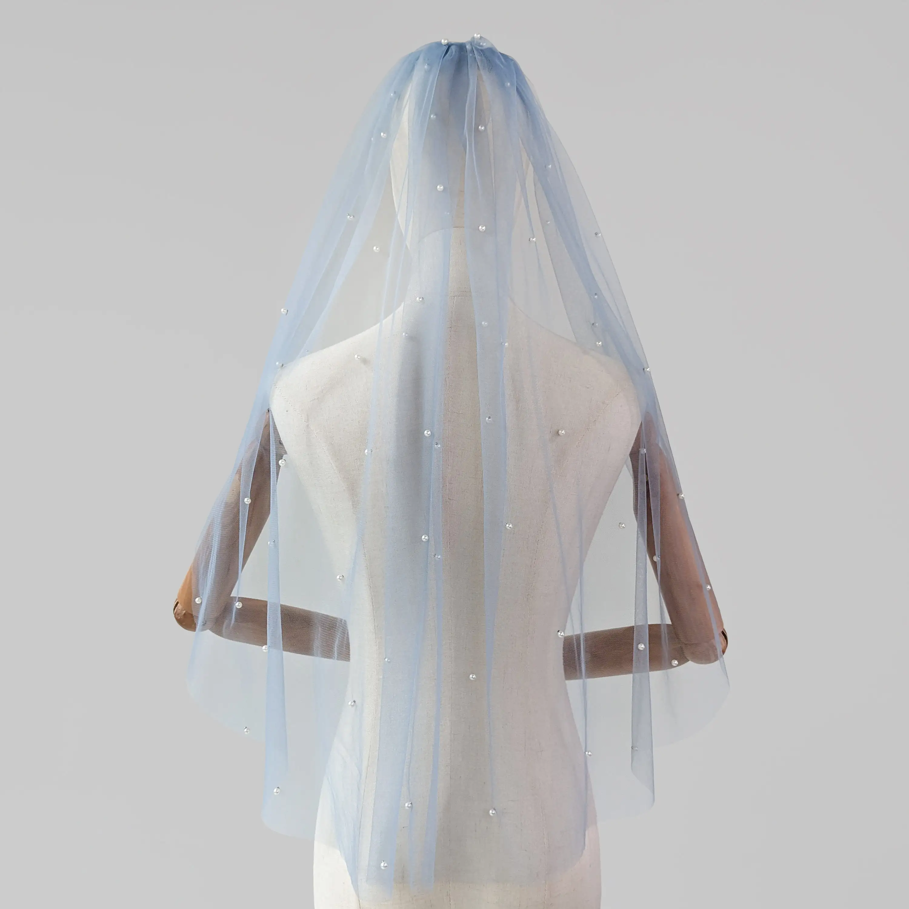 Véu do casamento azul empoeirado com pérolas, céu azul cor tecido, White Pearl Veil-Pérolas dispersas, Silver Bridal Comb