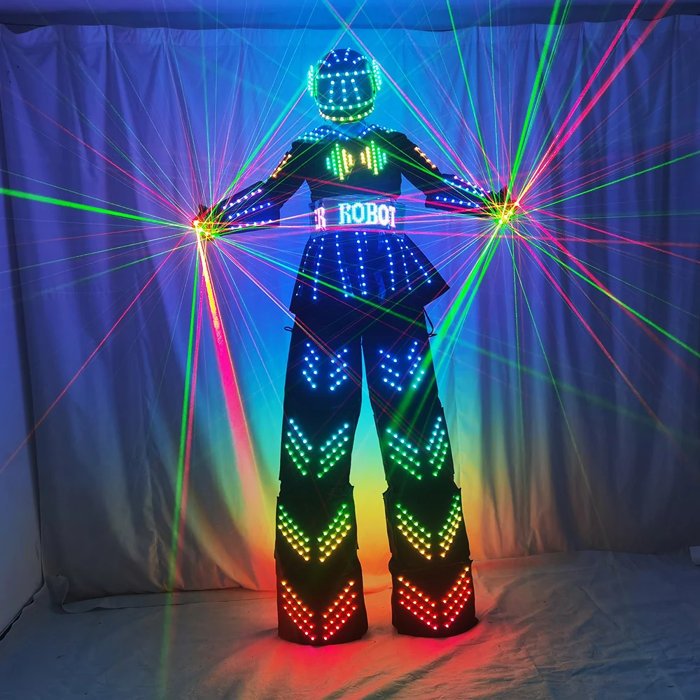 Full Color LED Luminous Costume With Helmet LED Clothing Light Stilt Robot Suit Kryoman David Guetta Robot Dance Wear