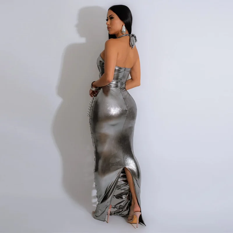 Women Nightclub Hollow Pu Leather Dress Sexy Metal Pulling Ring Split Long Dress  Hanging Neck Cut Out Bodycon Club Dresses