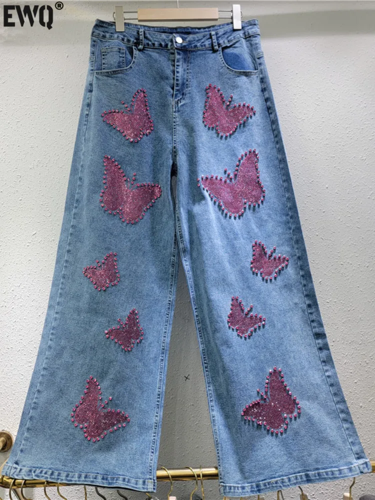 [EWQ] Fashion Streetwear Diamond Butterfly Design Denim Pants High Waist All-match Loose Women Jeans 2025 Spring New 16O3809