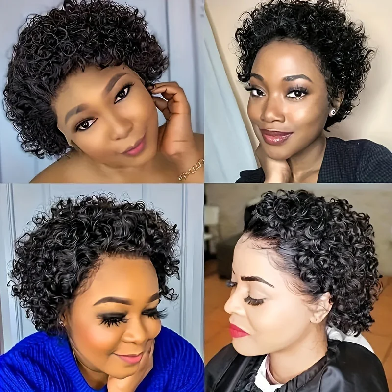 Wig Bob pendek keriting, gelombang air keriting rambut manusia Remy Wig keriting Brasil pendek Wig potongan Pixie untuk wanita dengan kepadatan 180%