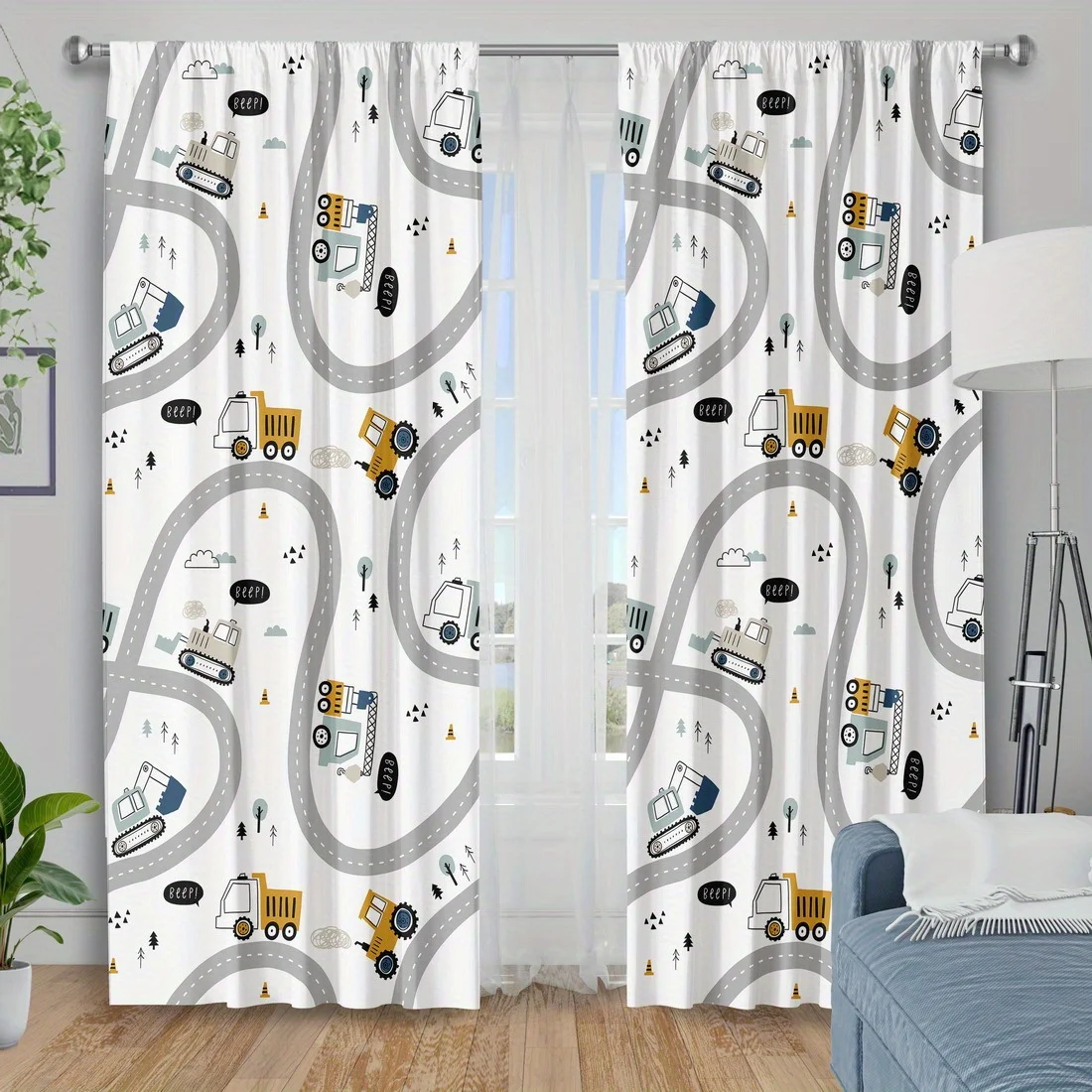 Cute Construction Vehicle Pattern Curtains for Nursery Room Nursery Window Drapes Light Filtering Home Decor