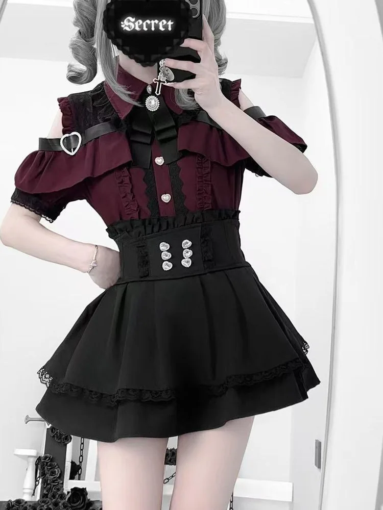 

Оригинальный японский комплект в стиле JK: летний короткий топ и юбка в стиле Лолита с красной кружевной отделкой, модный женский ансамбль