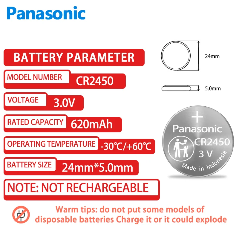 Panasonic CR2450 3V Lithium Battery DL2450 BR2450 LM2450 KCR5029 For Toy Car Key Remote Control Watch LED Light Button Coin Cell