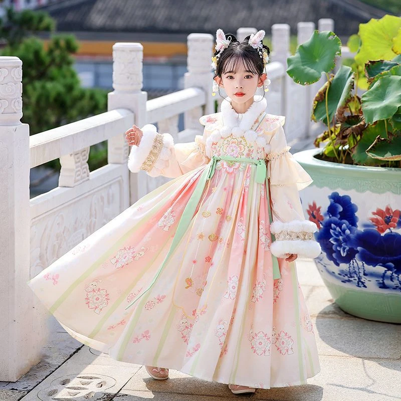 

Winter Quilted Thick Warm Dress Girls Chinese Traditional Hanfu Folk Dance Costume Fairy Cosplay Ancient Princess Stage Outfit