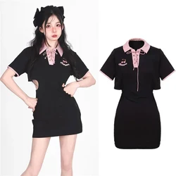 Korean Dresses Women Streetwear Clothes Hollow Waist Strap Cherry Embroidery Polo Short Sleeved Bag Hip Black Summer Dress Women