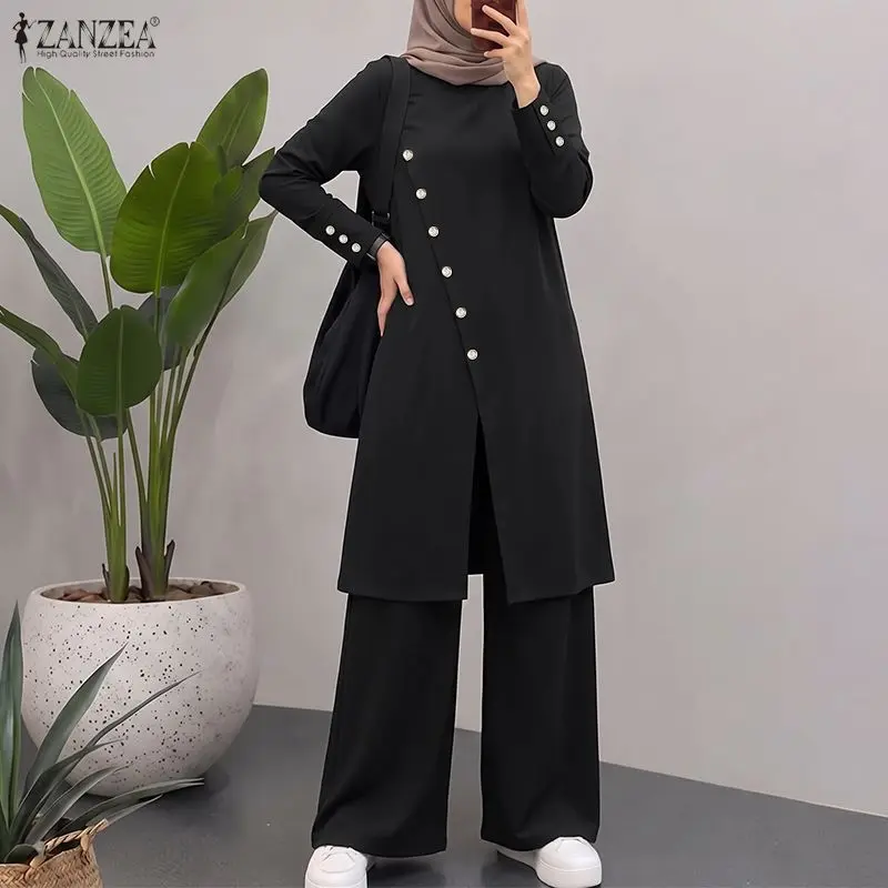 ZANZEA Autumn Muslim Women Pants Sets Long Sleeve Button Split Hem Tunic Long Sleeve Tops Wide Leg Pants Two Piece Outfits 2PCS
