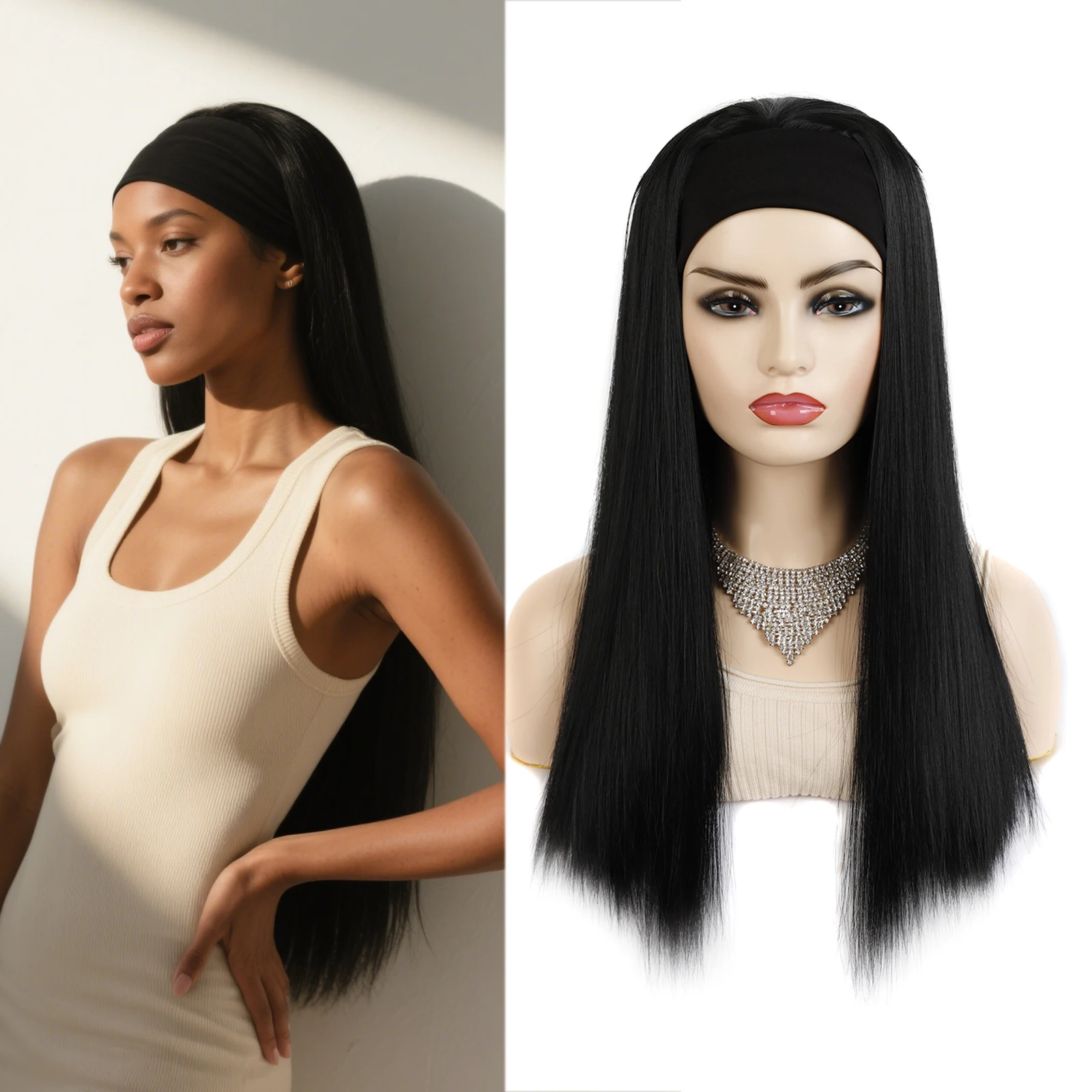 Headband Wig Long Straight Synthetic Hair Wigs Soft Heat Resistant Black Blond Natural Easy to Wear for Women Daily Use