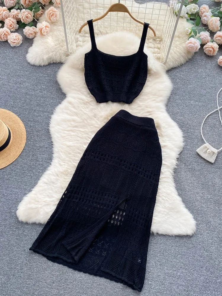 Summer Women Elegant Casual Knitted Skirt Suit Hollow Out Sleeveless Tank Tops Sexy Slim Midi Saya Two Piece Set Female Outfits