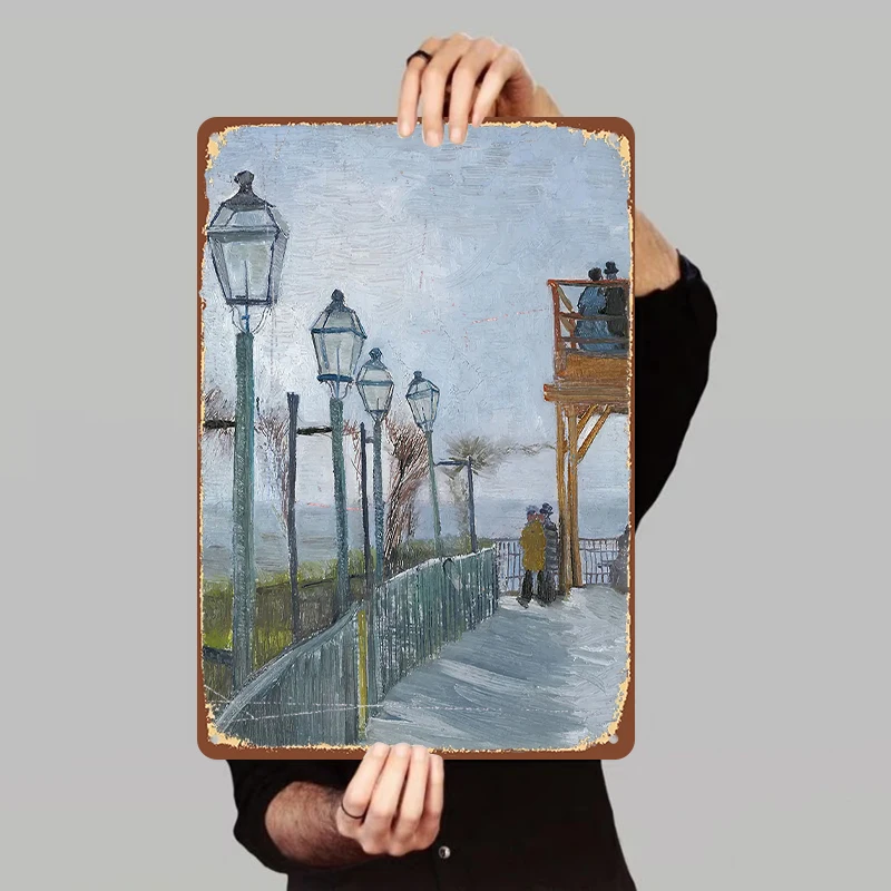 Vintage European Street View Metal Wall Art Van Gogh Style Lamp Post Observation Deck Decor for Living Room