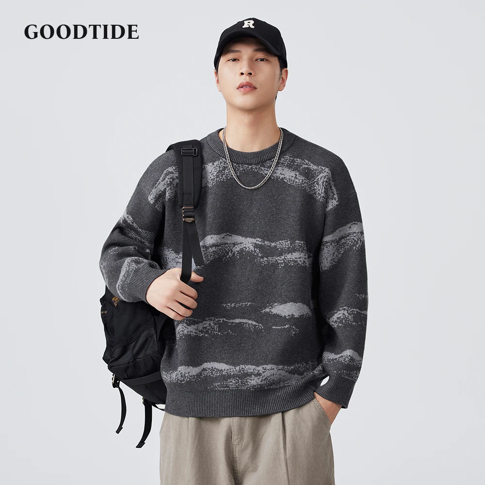 Fashion Men's Casual Landscape Pattern Sweater Autumn Winter Crew Neck Knitted Pullover Comfortable Soft Long Sleeve Jumper Top