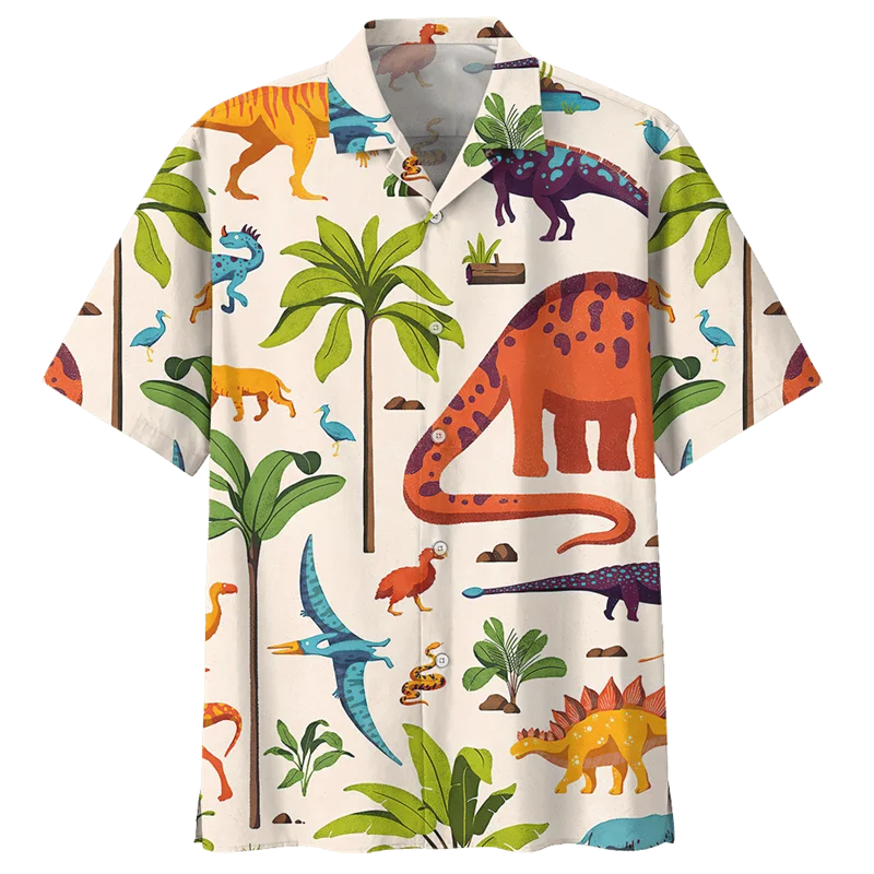 Cartoon Dinosaur Graphic Hawaiian Shirt For Men Summer Beach 3d Printed Animal Short Sleeves Tops Oversized Lapel Button Blouse