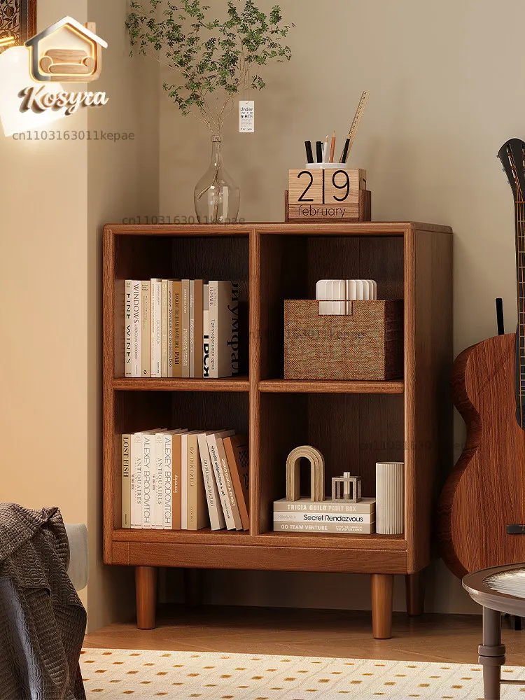 Solid wood short bookcase Walnut color locker American small cabinet Living room rack Record storage cabinet Locker
