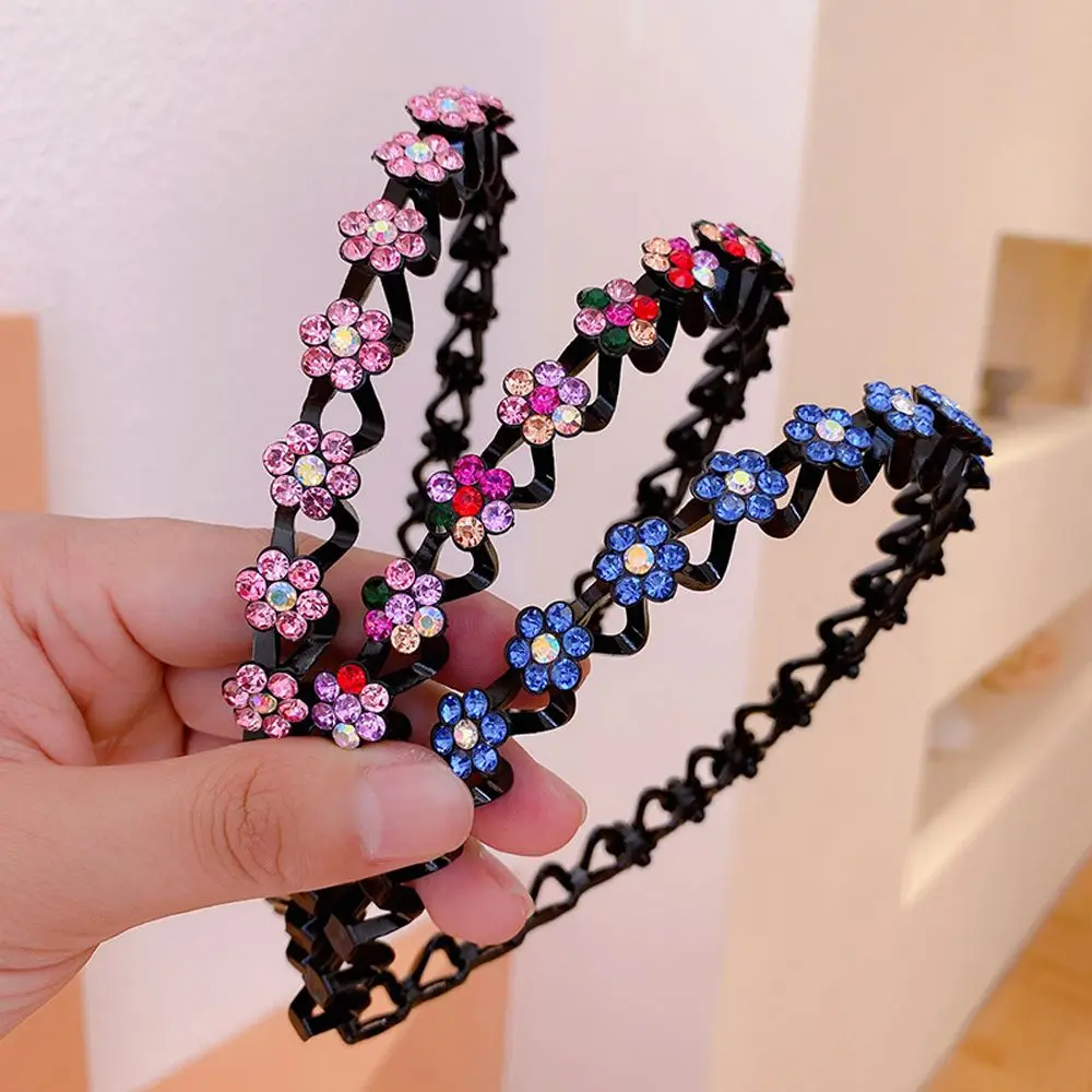 Sweet Vintage Flower Wave Headwear Girls Thin Headband Korean Style Hairbands Women Hair Hoop Crystal